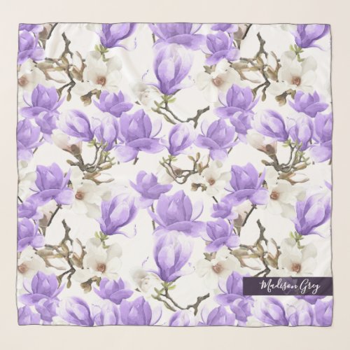 Purple  White Magnolia Blossom Watercolor Pattern Scarf