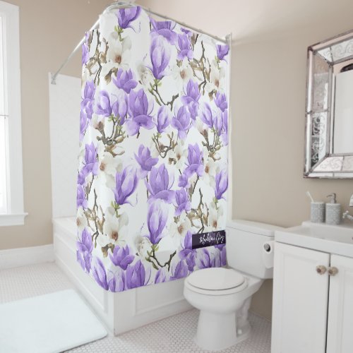 Purple  White Magnolia Blossom Watercolor Pattern Shower Curtain