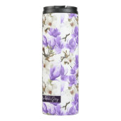 Purple & White Magnolia Blossom Watercolor Pattern Thermal Tumbler (Back)