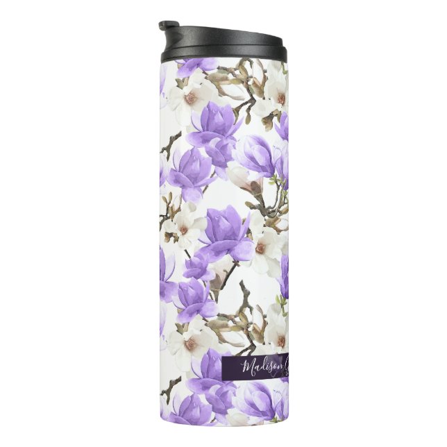 Purple & White Magnolia Blossom Watercolor Pattern Thermal Tumbler (Rotated Right)