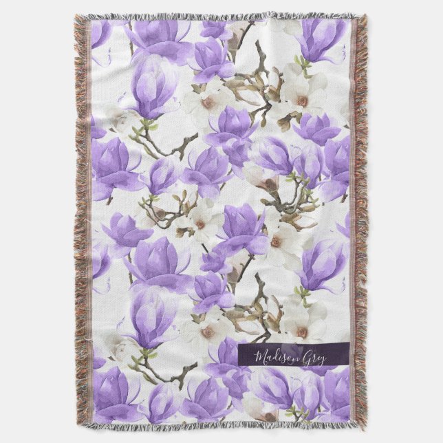 Purple & White Magnolia Blossom Watercolor Pattern Throw Blanket (Front Vertical)