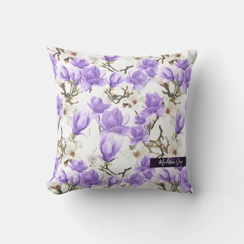 Purple  White Magnolia Blossom Watercolor Pattern Throw Pillow