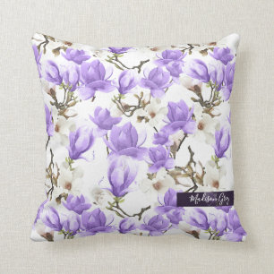 Purple & White Magnolia Blossom Watercolor Pattern Throw Pillow