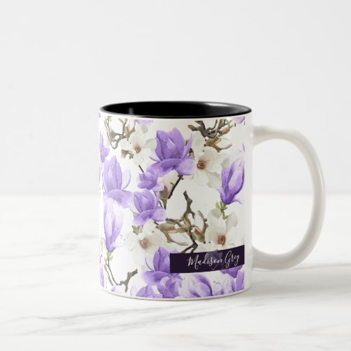 Purple  White Magnolia Blossom Watercolor Pattern Two_Tone Coffee Mug