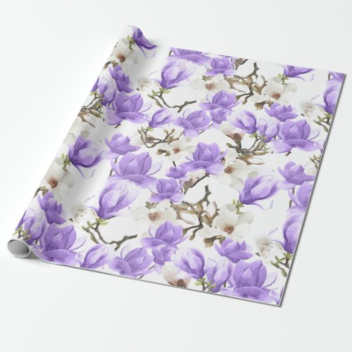 Purple  White Magnolia Blossom Watercolor Pattern Wrapping Paper