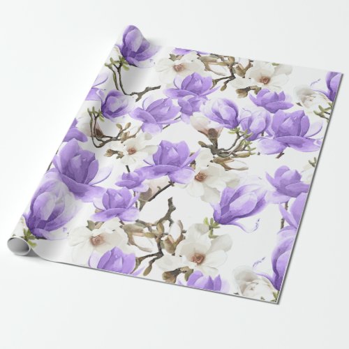 Purple  White Magnolia Blossom Watercolor Pattern Wrapping Paper