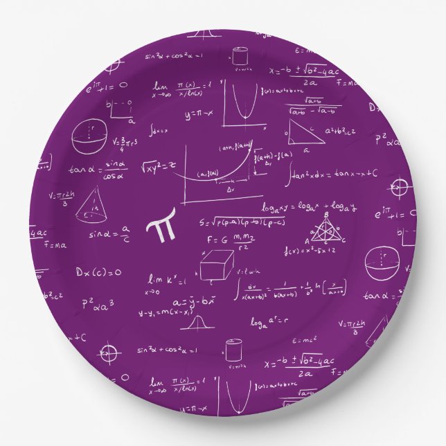 Purple White Math Equations Graphics Graduation Paper Plates (Front)