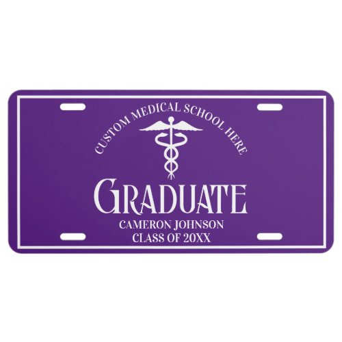 Purple White Medical School Graduate Custom License Plate