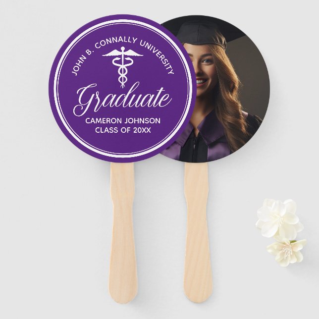 Purple White Medical School Graduation Party Hand Fan (Front and Back)