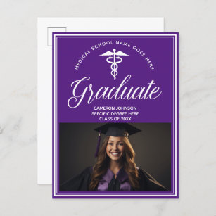 Purple White Medical School Photo Graduation Announcement Postcard