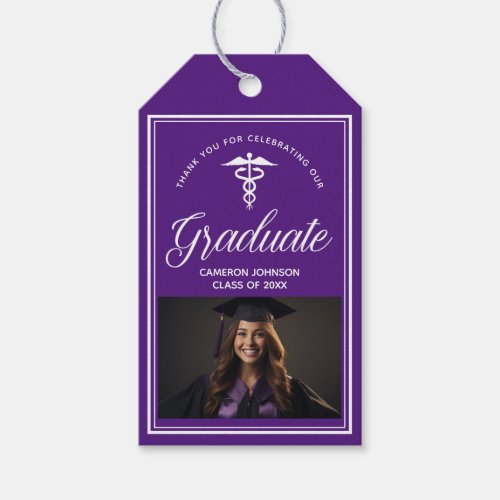 Purple White Medical School Photo Graduation Party Gift Tags