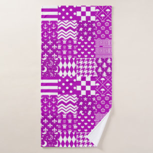 Purple White Mixed Patterns Patchwork Design Bath Towel