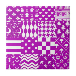 Purple White Mixed Patterns Patchwork Design Ceramic Tile