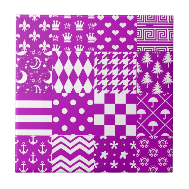 Purple White Mixed Patterns Patchwork Design  Ceramic Tile (Front)