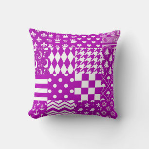 Purple White Mixed Patterns Patchwork Design Throw Pillow