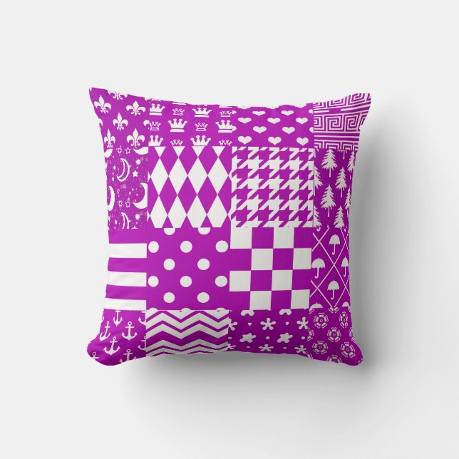 Purple White Mixed Patterns Patchwork Design  Throw Pillow (Front)