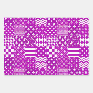 Purple White Mixed Patterns Patchwork Design Wrapping Paper Sheets