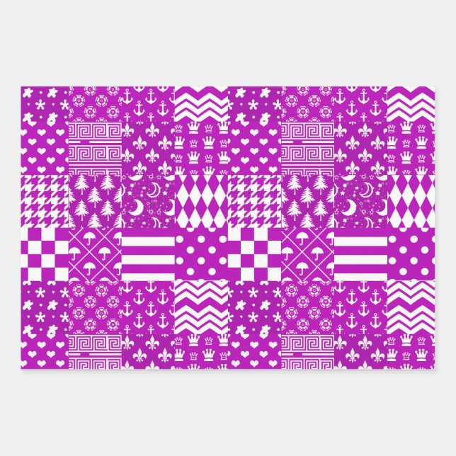 Purple White Mixed Patterns Patchwork Design  Wrapping Paper Sheets (Front)
