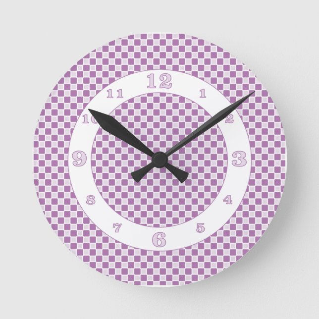 Purple/White Monochromatic Checks Round Clock (Front)