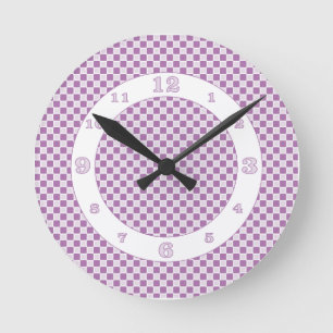 Purple/White Monochromatic Checks Round Clock