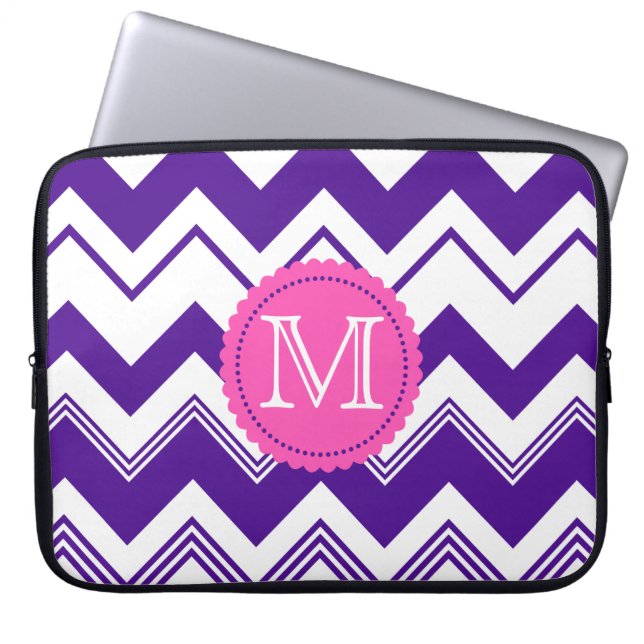 Purple White Monogram Chevron Pattern Laptop Sleeve (Front)