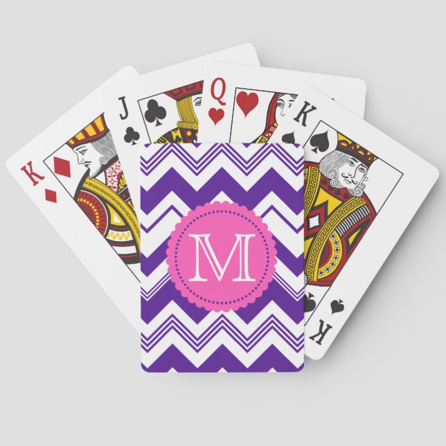 Purple White Monogram Chevron Pattern Poker Cards (Back)