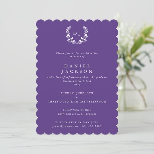 Purple  White Monogram Laurel Wreath Graduation Invitation