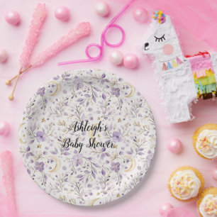 Purple White Moons & Stars Floral Baby Shower Paper Plates