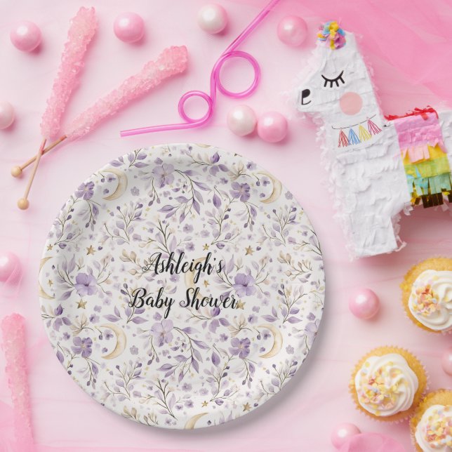 Purple White Moons & Stars Floral Baby Shower Paper Plates (Party)