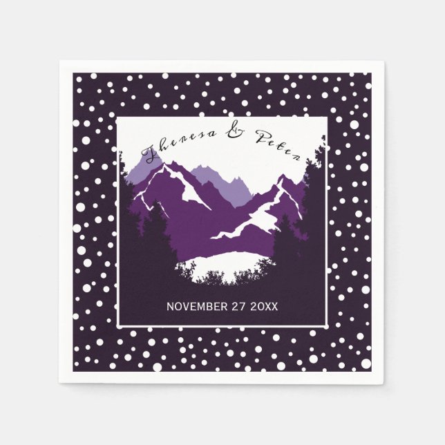 Purple, white mountains and polka dots wedding napkins (Front)