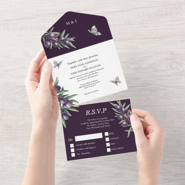 Purple white olive butterfly glam wedding  all in one invitation (Tearaway)