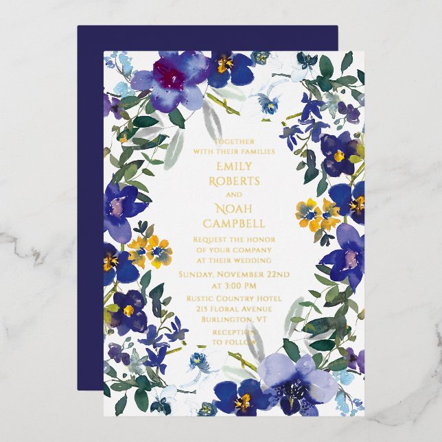Purple & White Orchid Watercolor Floral Wedding Foil Invitation (Front/Back)