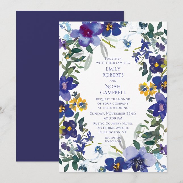 Purple & White Orchid Watercolor Floral Wedding Invitation (Front/Back)