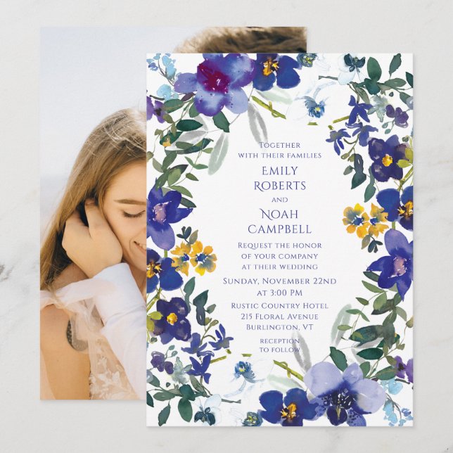 Purple & White Orchid Watercolor Floral Wedding Invitation (Front/Back)