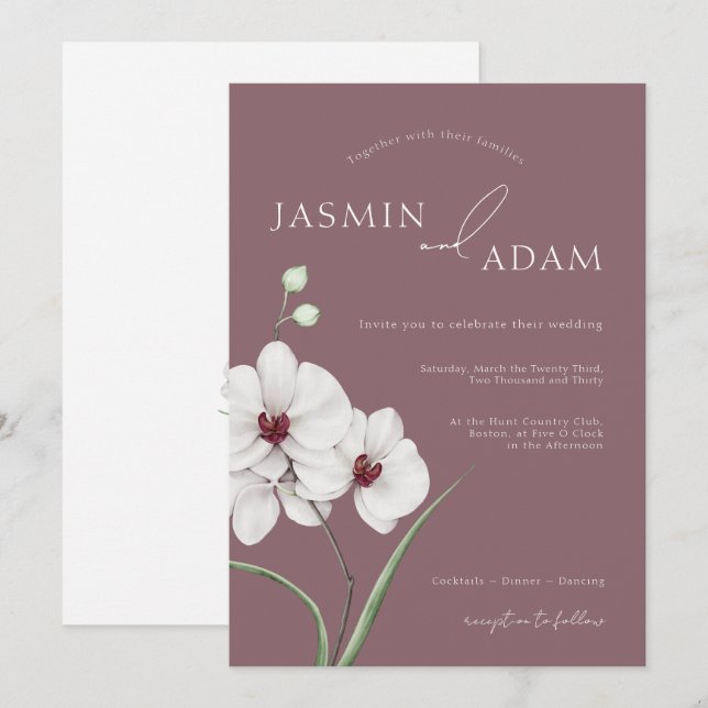 Purple White Orchids Initials Floral Wedding Invitation (Front/Back)