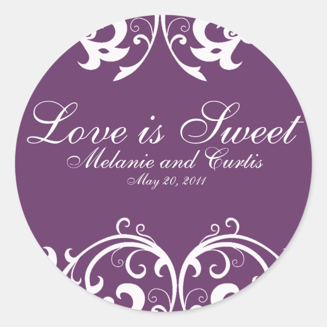 Purple White Ornate Love Is Sweet Classic Round Sticker (Front)