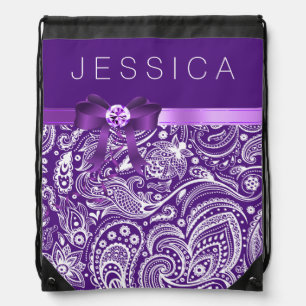 Purple & White paisley Damasks With Ribbon Drawstring Bag