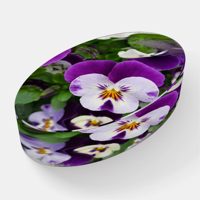 Purple white pansies paperweight (Angled)