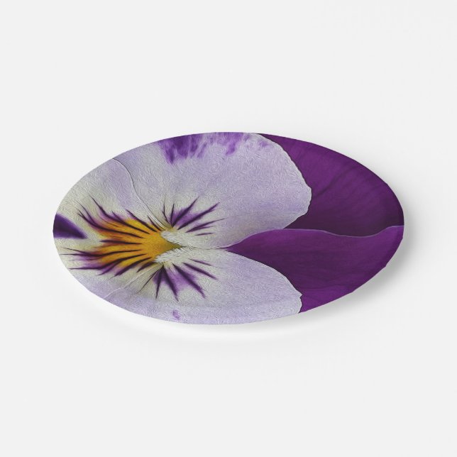 Purple white pansy cutout paper plates (Angled)