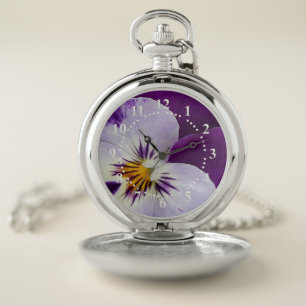 Purple white pansy cutout pocket watch