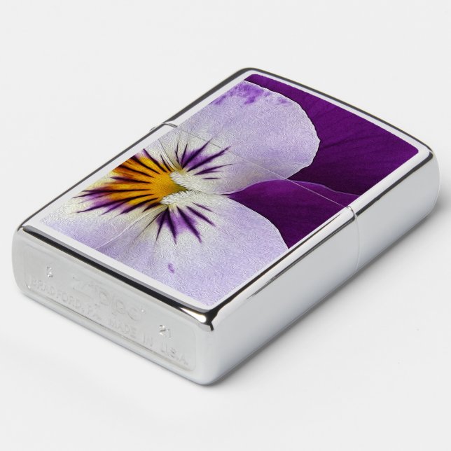 Purple white pansy cutout zippo lighter (Angled)