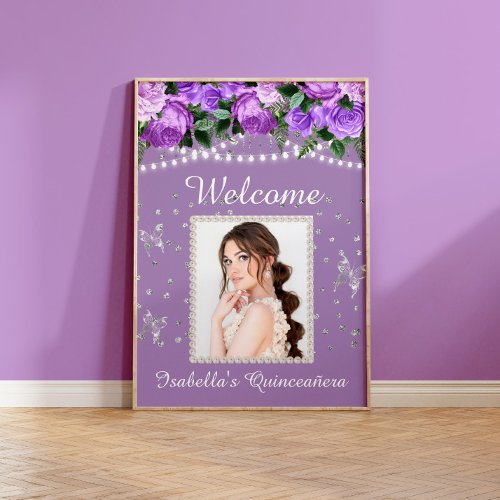 Purple White Pearls Quinceaera Photo Welcome Name Poster