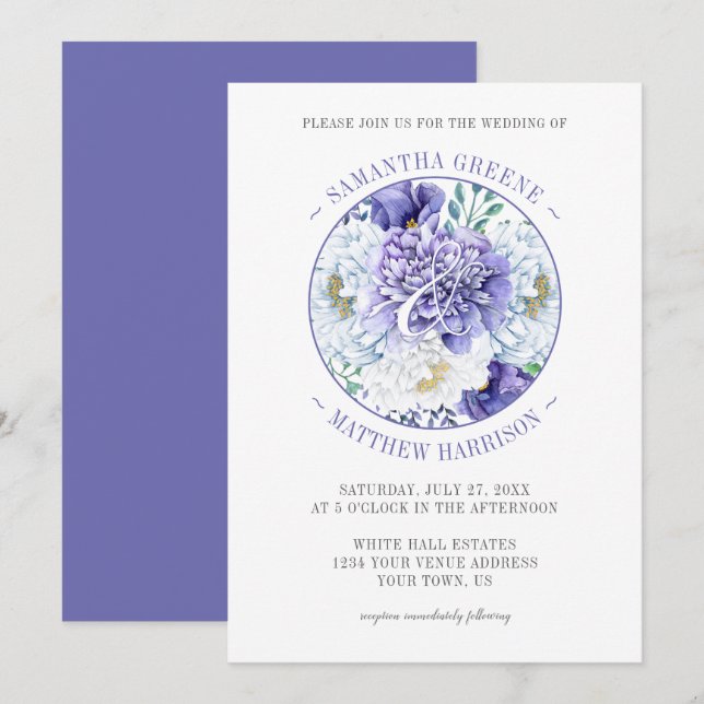 Purple White Peonies Poppies Typography Wedding Invitation (Front/Back)