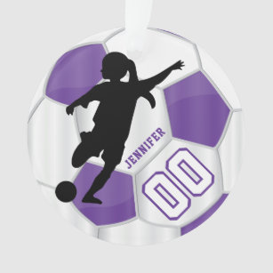 Purple & White Personalize Girl Soccer Player Ornament