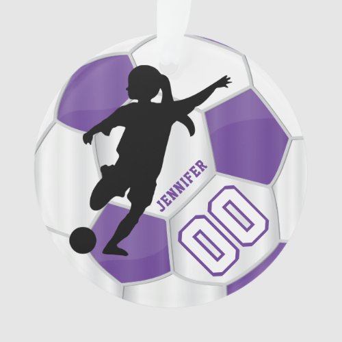 Purple  White Personalize Girl Soccer Player Ornament