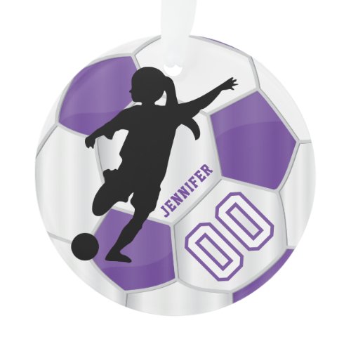 Purple &amp; White Personalize Girl Soccer Player Ornament