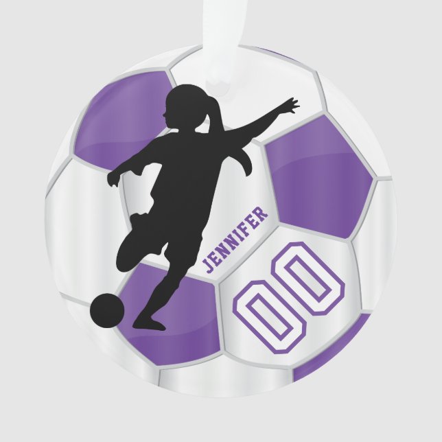 Purple & White Personalize Girl Soccer Player Ornament (Front)