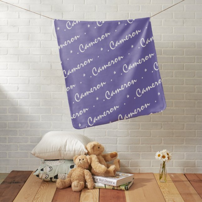 Purple White Personalized Repeating Names Baby Blanket (In Situ)