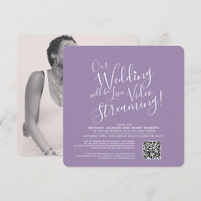 Purple white photo live streaming wedding invitation (Front/Back)