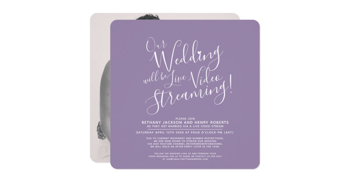 Purple white photo live streaming wedding invitation